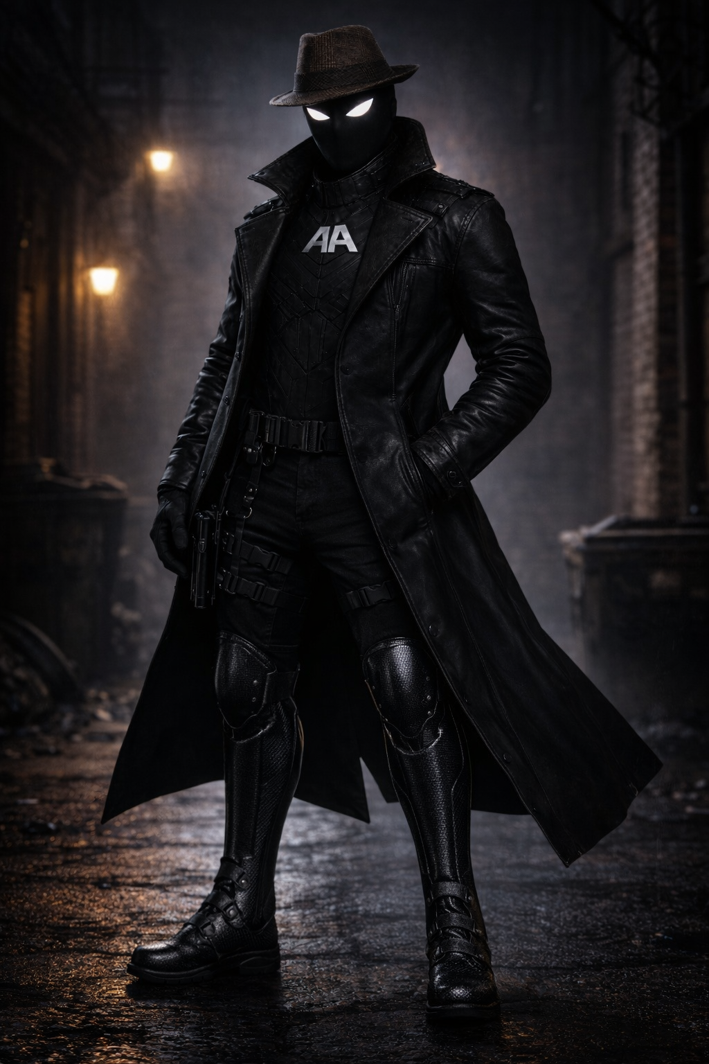 Mavrick character full body — noir trench coat in dark alley